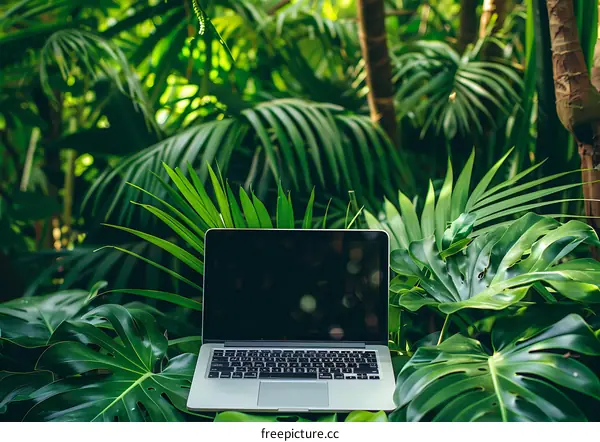 Laptop In Lush Green Tropical Foliage
