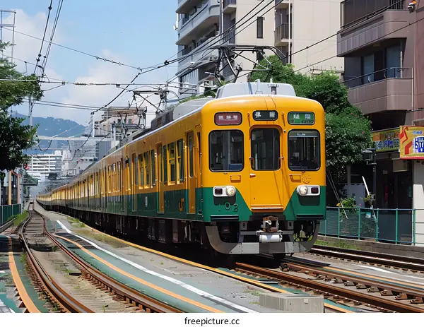 A green and yellow train is passing through a city.