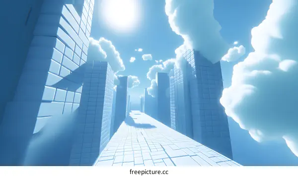 Blue City with Cloudy Sky and Sun