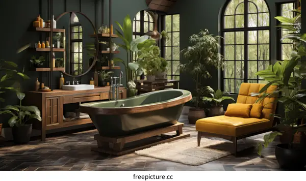 Green Bathtub in Lush Bathroom Haven