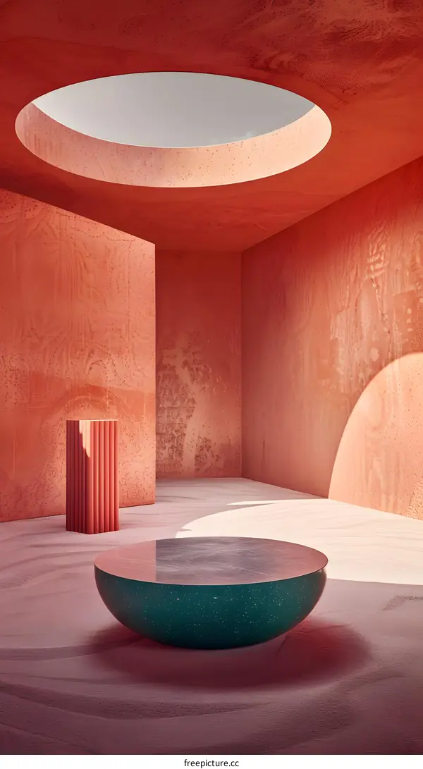 Abstract Minimalist Room Interior Design with Circular Skylight and Sand