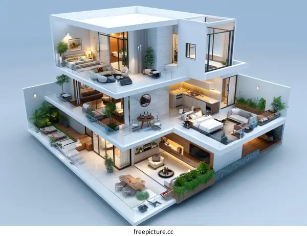 Modern Three-Story House with Balcony, Terrace, and Pool