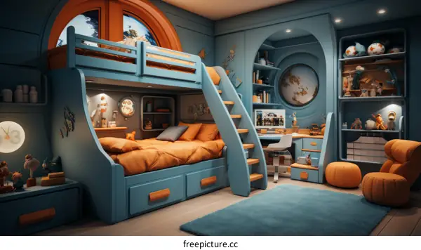 A bedroom fit for a child, complete with bunk bed and toys