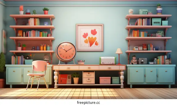 Retro home office with blue and pink pastel colors