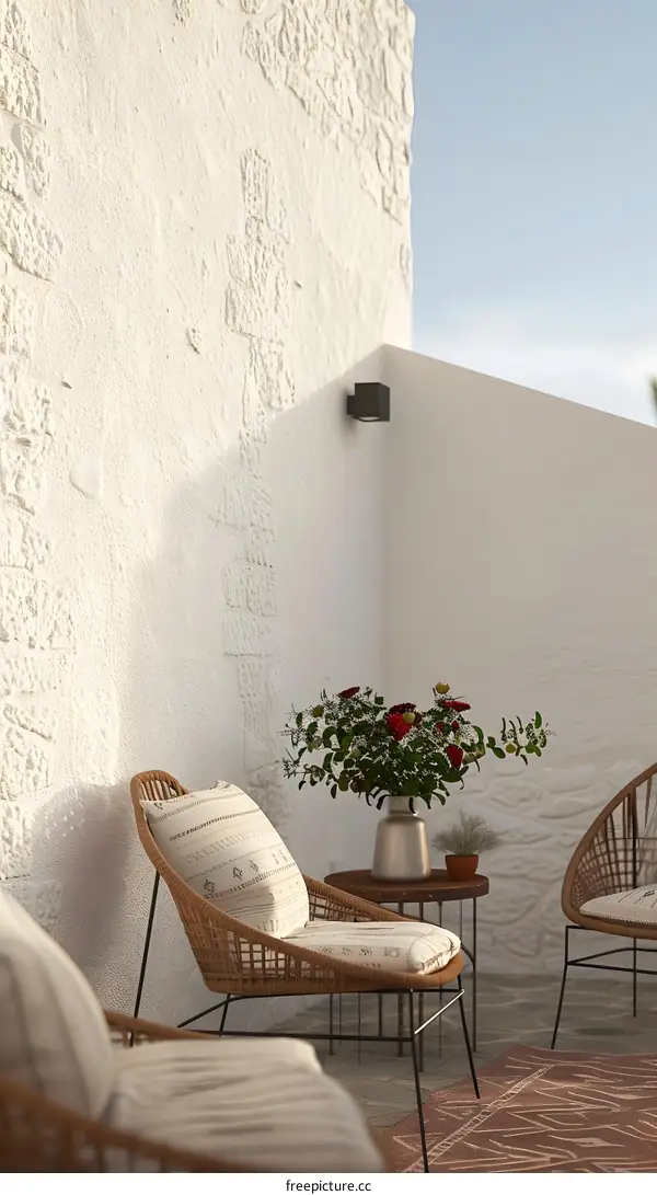 White Wall Patio With Wicker Chairs And Flowers