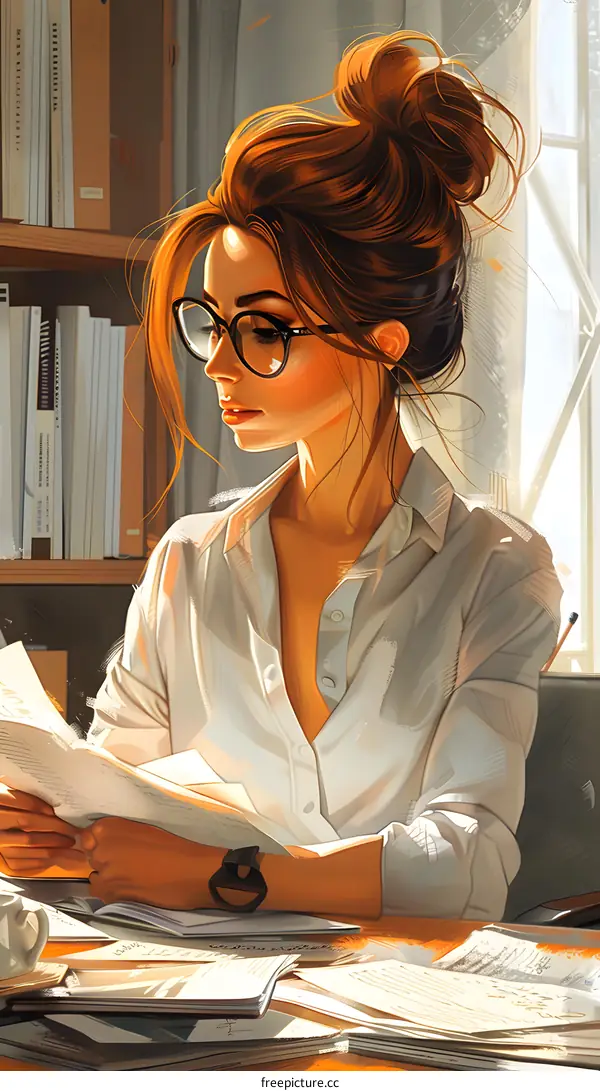 portrait of a beautiful woman reading a book in a library