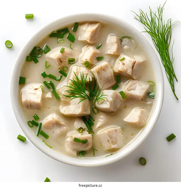 A bowl of chicken soup with dill and spring onions