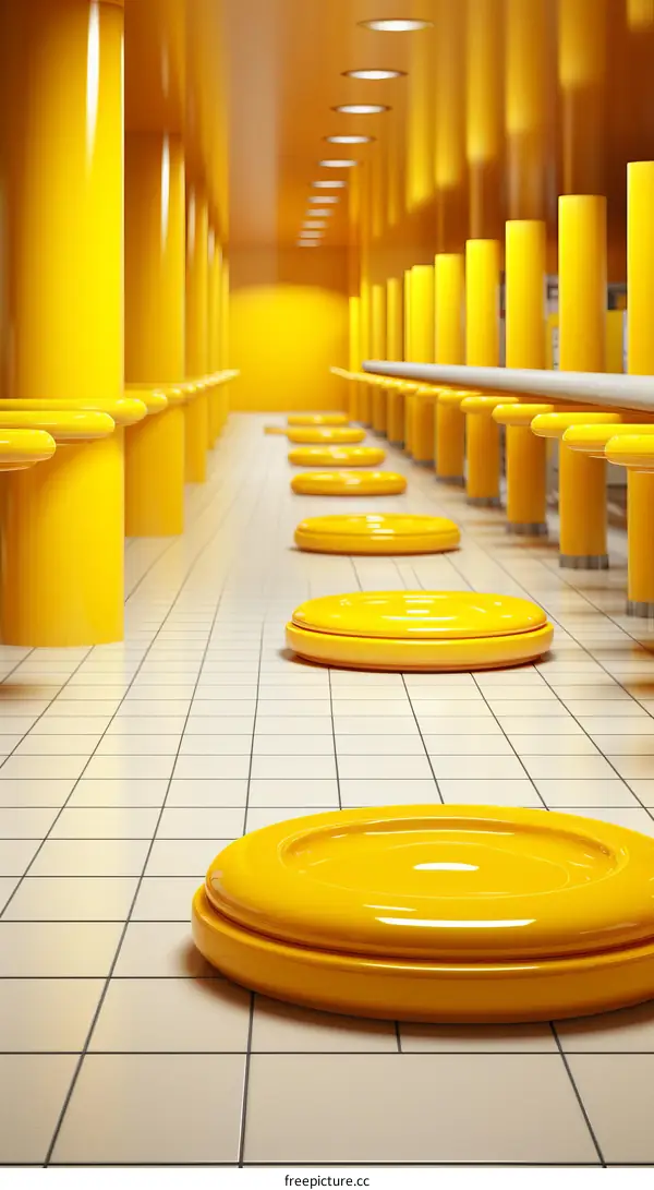 Yellow room with yellow round platforms on the floor and yellow columns on each side