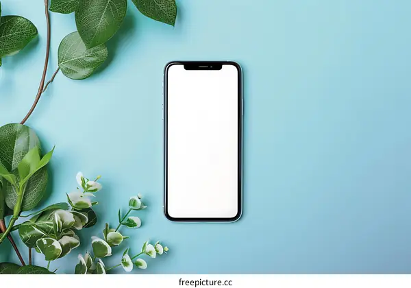 Flat Lay Mockup with Green Leaves and Smartphone on Blue Background