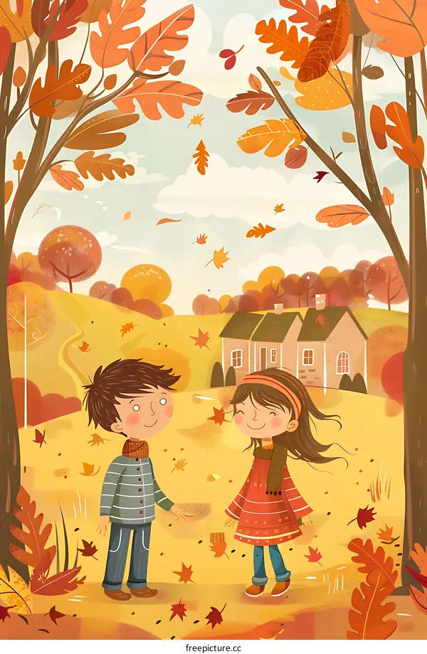 Autumn Illustration of Children in a Forest with Falling Leaves