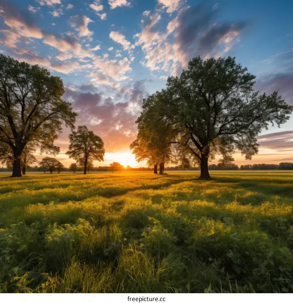 The setting sun casts long shadows over the lush green field