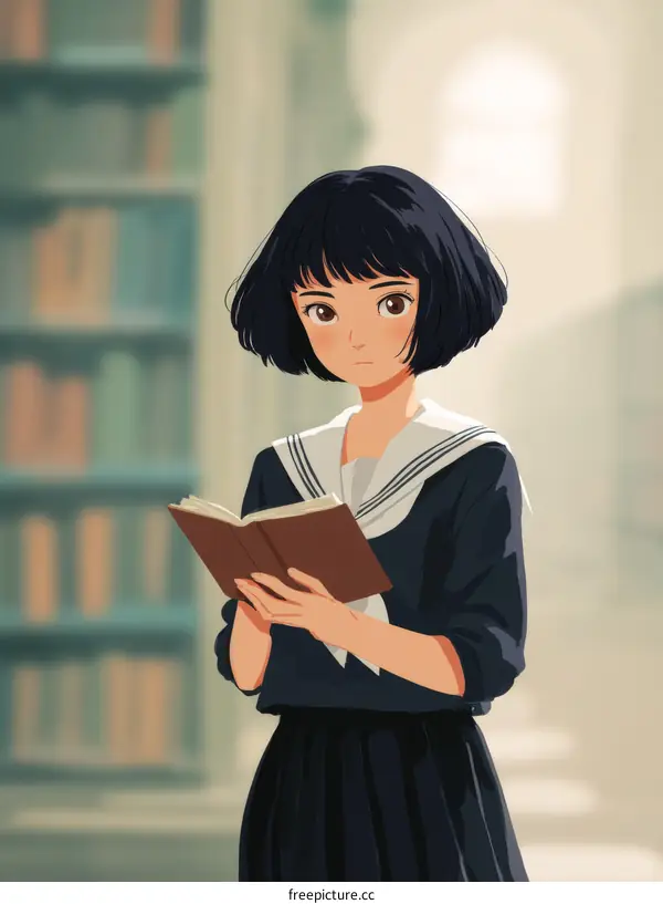Anime Girl in a School Uniform Reading a Book in a Library
