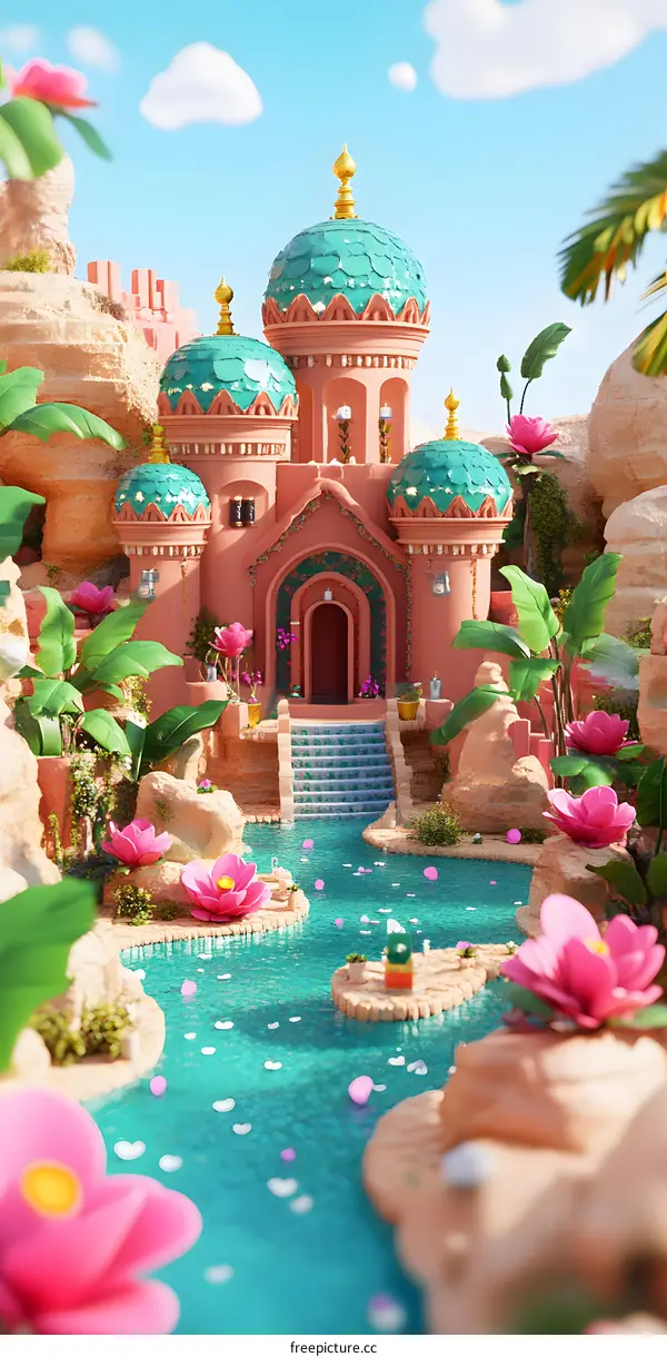 Dreamy Oasis with Pink Flowers and Blue Water
