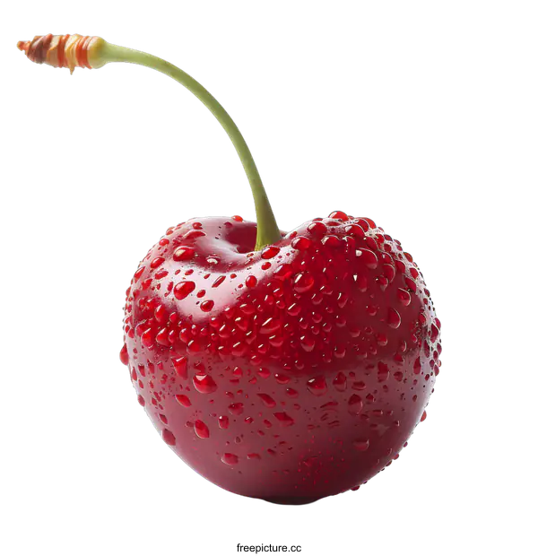 [Transparent Background PNG]Single Red Cherry with Water Droplets