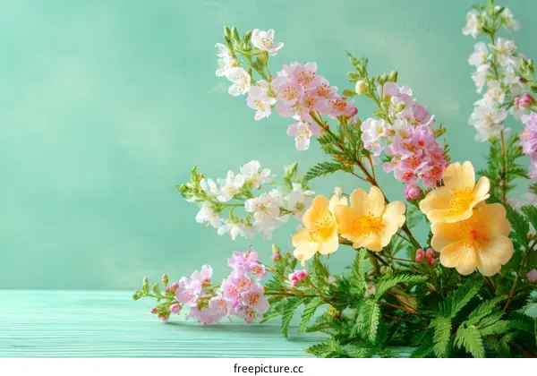 Spring Flowers Bouquet on Teal Background