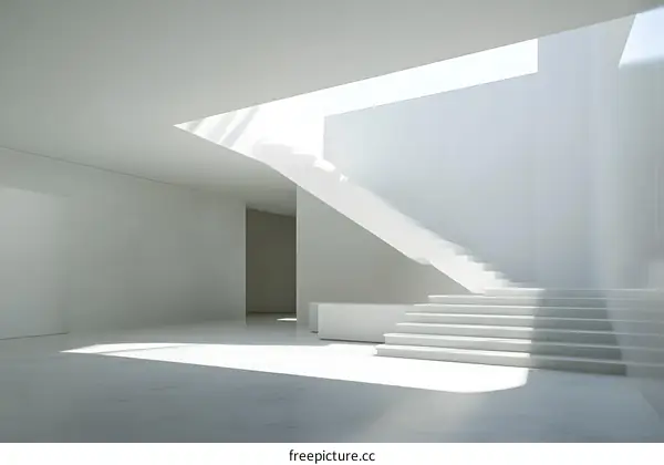 Modern White Interior With Minimalist Staircase And Skylight