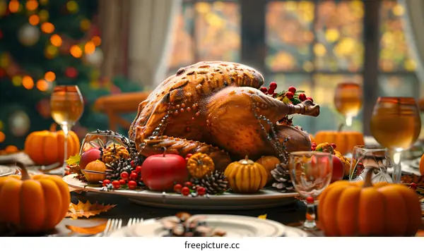 Thanksgiving dinner table with roasted turkey