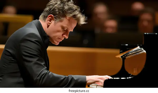 Pianist Playing Piano on Stage During Concert