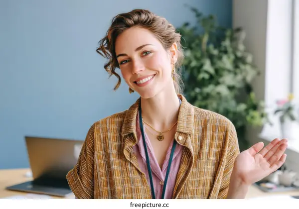 Friendly Woman Smiling and Gesturing