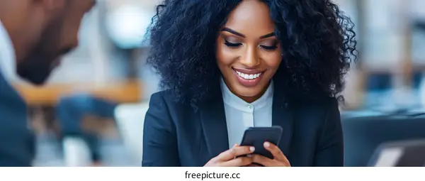 Smiling Businesswoman Using Phone in Office