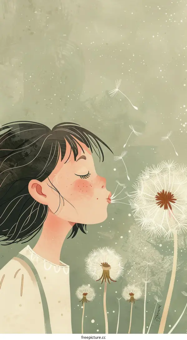 A Girl Blowing Dandelion Seeds in Nature