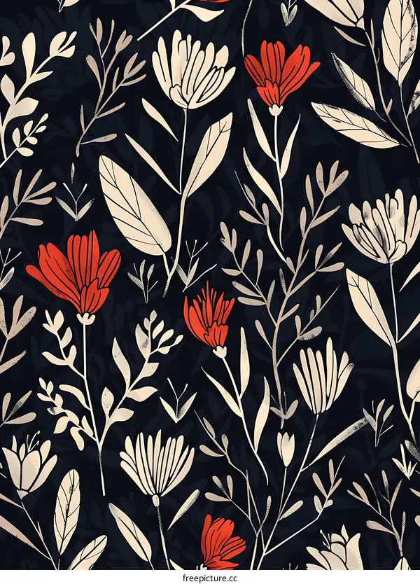 Seamless Floral Pattern With Red And White Flowers On Dark Background