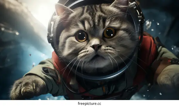 A cat wearing a spacesuit is floating in space