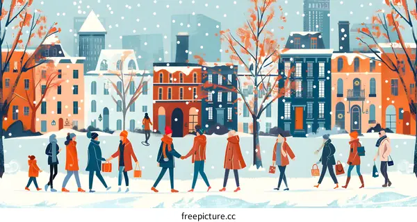 Winter Cityscape Illustration with People Walking in the Snow