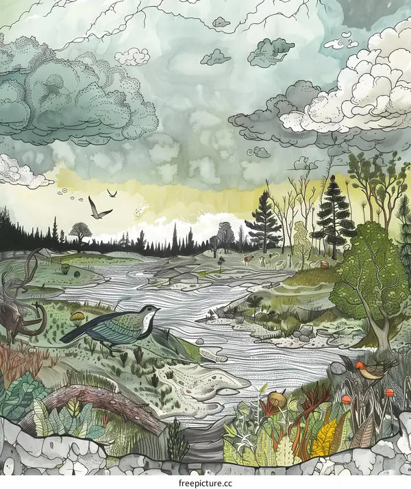 Watercolor Illustration of a River and Forest