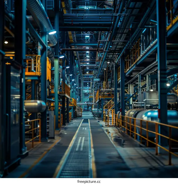 The interior of a modern industrial building with blue lights