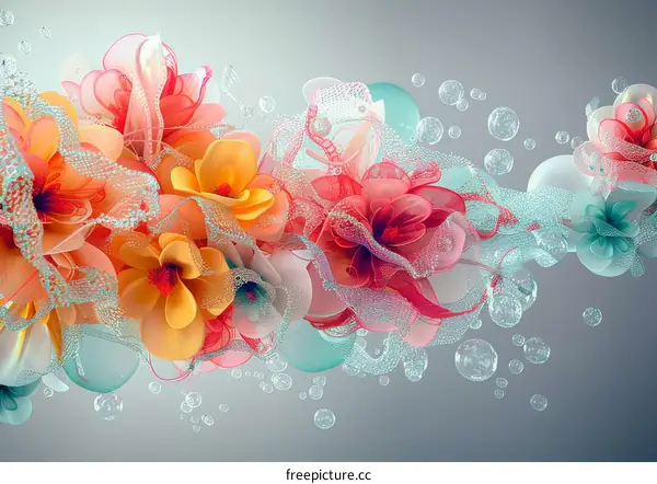 Colorful flowers and bubbles