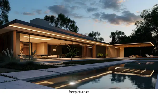 Modern Minimalist Home with Swimming Pool and Outdoor Lighting