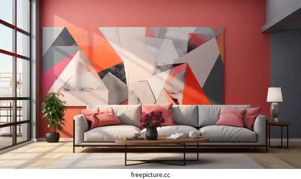 A modern living room with a large red painting