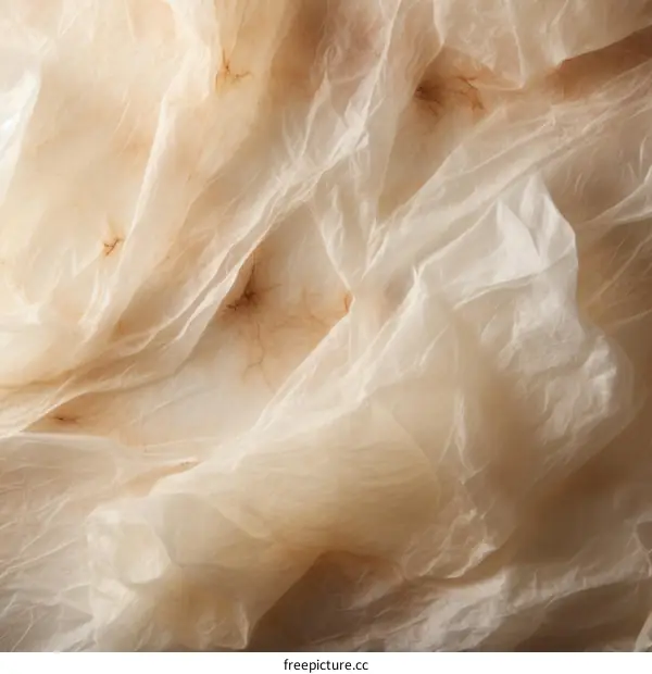 Close-up of wrinkled beige fabric with dark spots