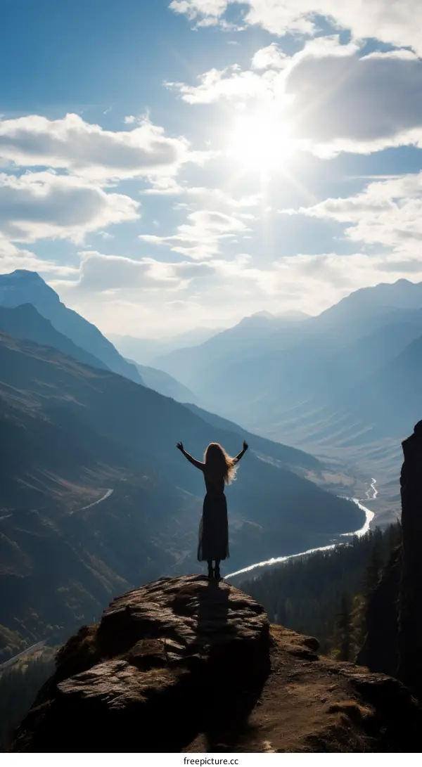 A woman standing on a cliff with her arms raised in the air