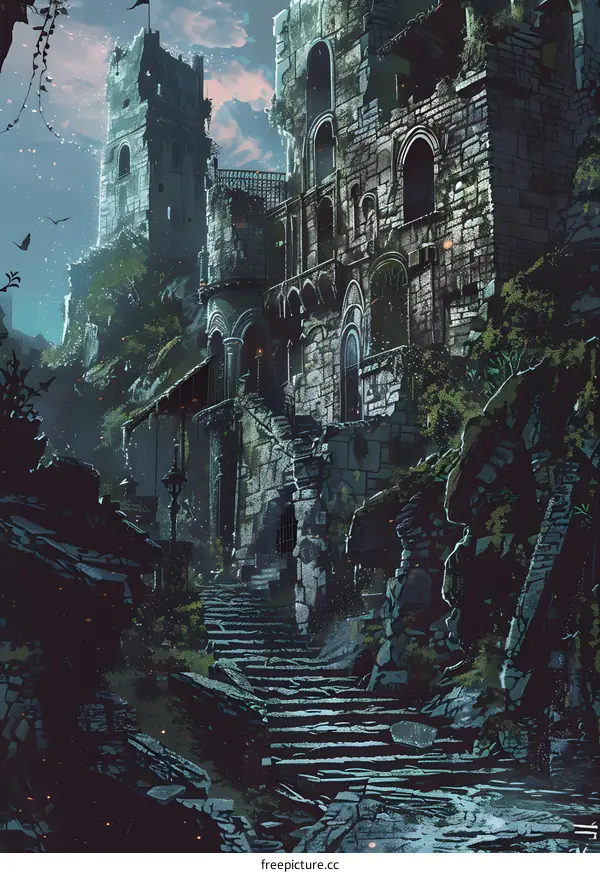 Ruined Castle with Stone Stairs Leading Upwards