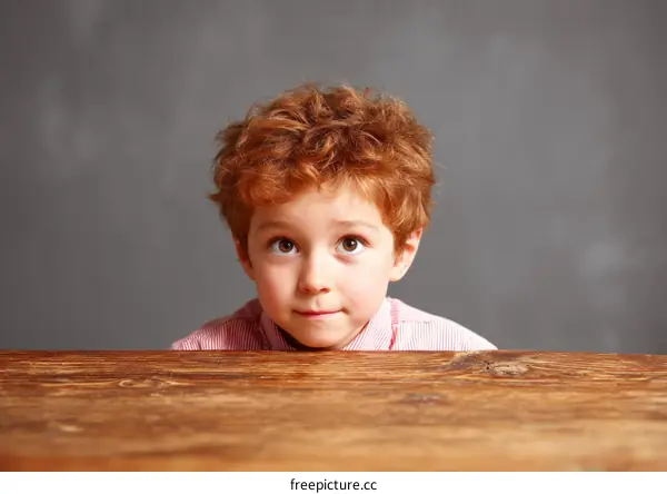 Curious Child Peeking Over Wooden Table