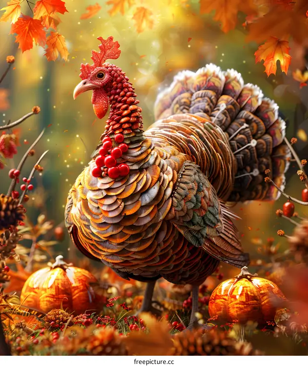 A majestic turkey stands in a field of pumpkins and fall leaves.