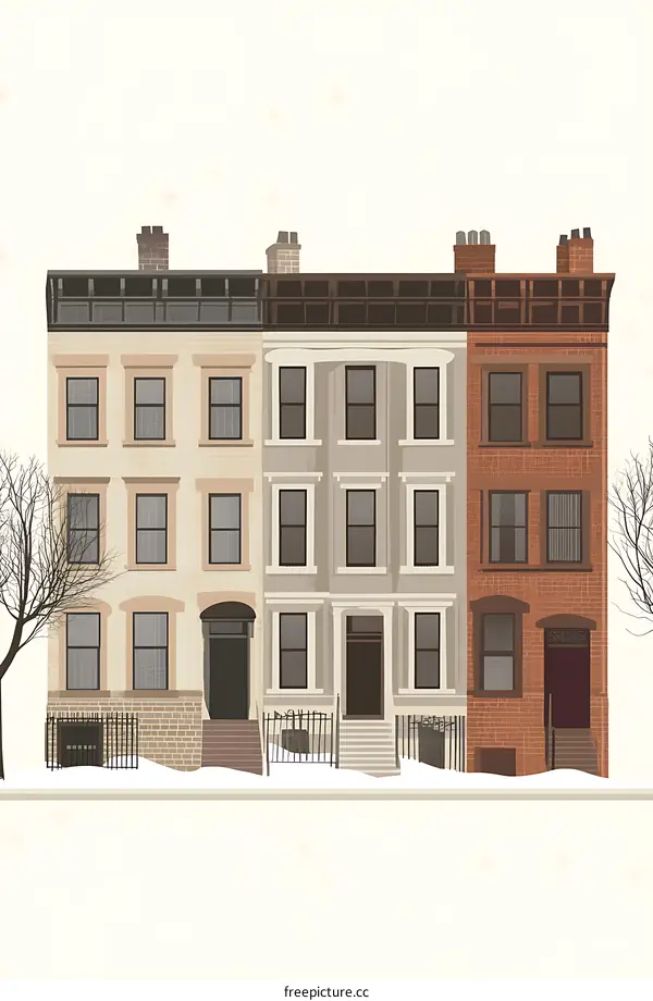 Three Brownstone Houses in Winter