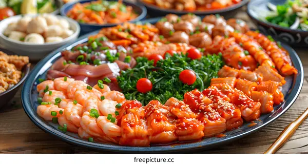 Delicious and Fresh Seafood Platter with Spicy Sauce