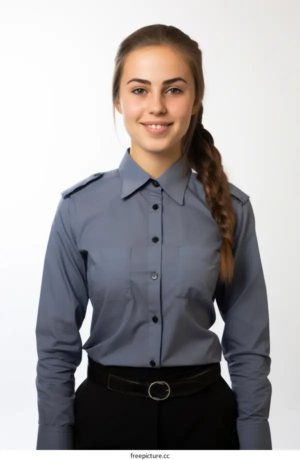Portrait of a young woman in a blue shirt