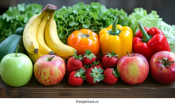 A variety of fruits and vegetables are arranged on a wooden table.