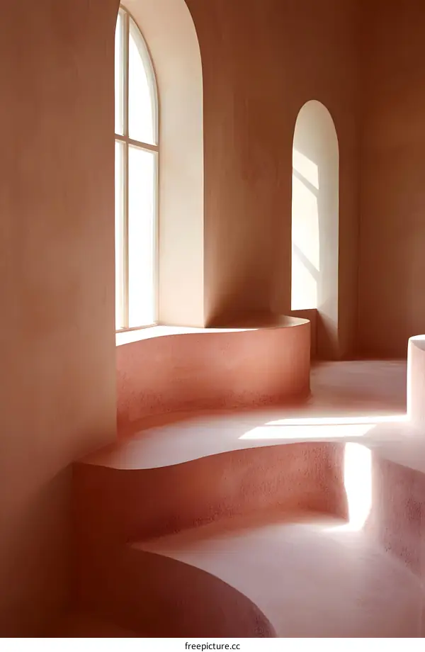 Pink Curved Wall with Windows and Sunlight