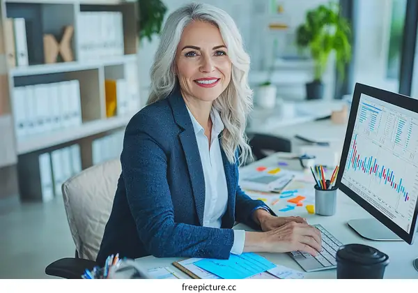 Businesswoman Working at a Computer in Office
