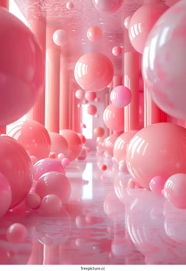 Pink Spheres Floating in a Pink Hallway