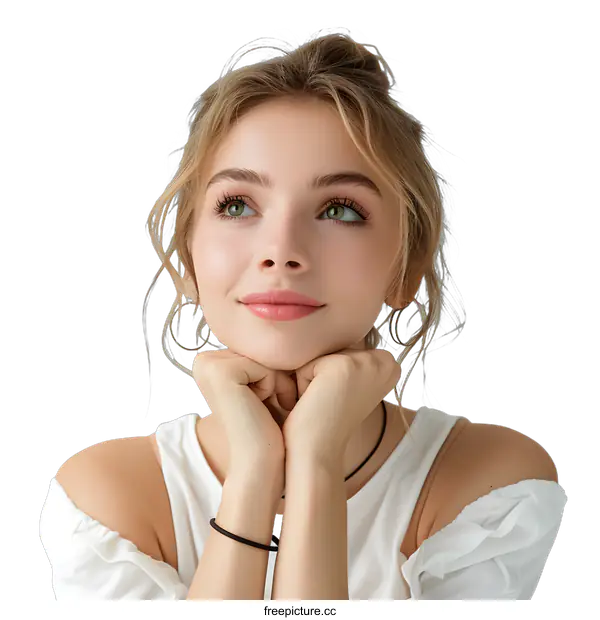 [Transparent Background PNG]Young Woman Looking Up with Hope