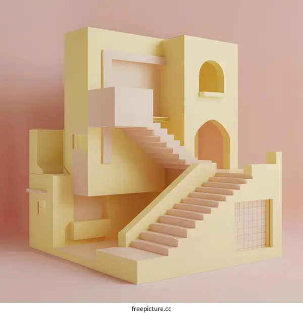 Yellow Minimalist 3D Rendered Building with Stairs and Arched Windows