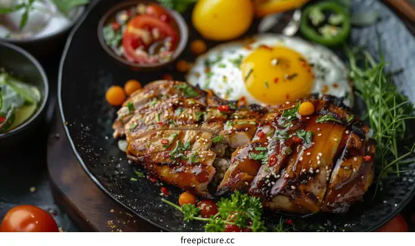 A delicious and healthy meal of chicken, rice and vegetables