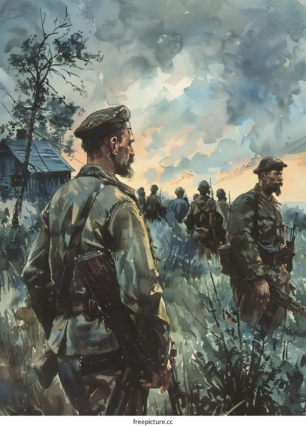 A group of soldiers in the field during the war