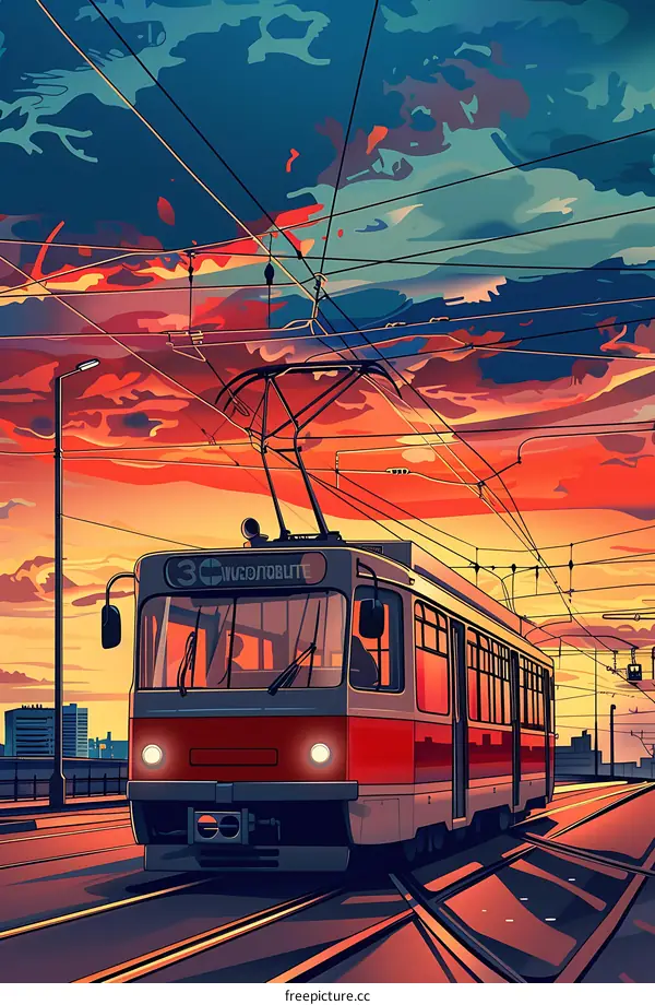Tram in City at Sunset